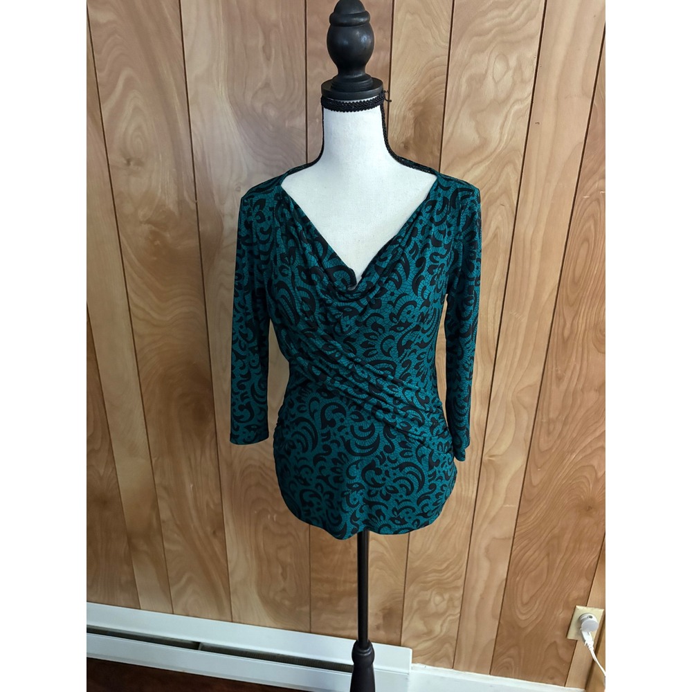 New York & Company Teal Black Scroll Print Cowl Neck Ruched 3/4 Sleeve Top XS